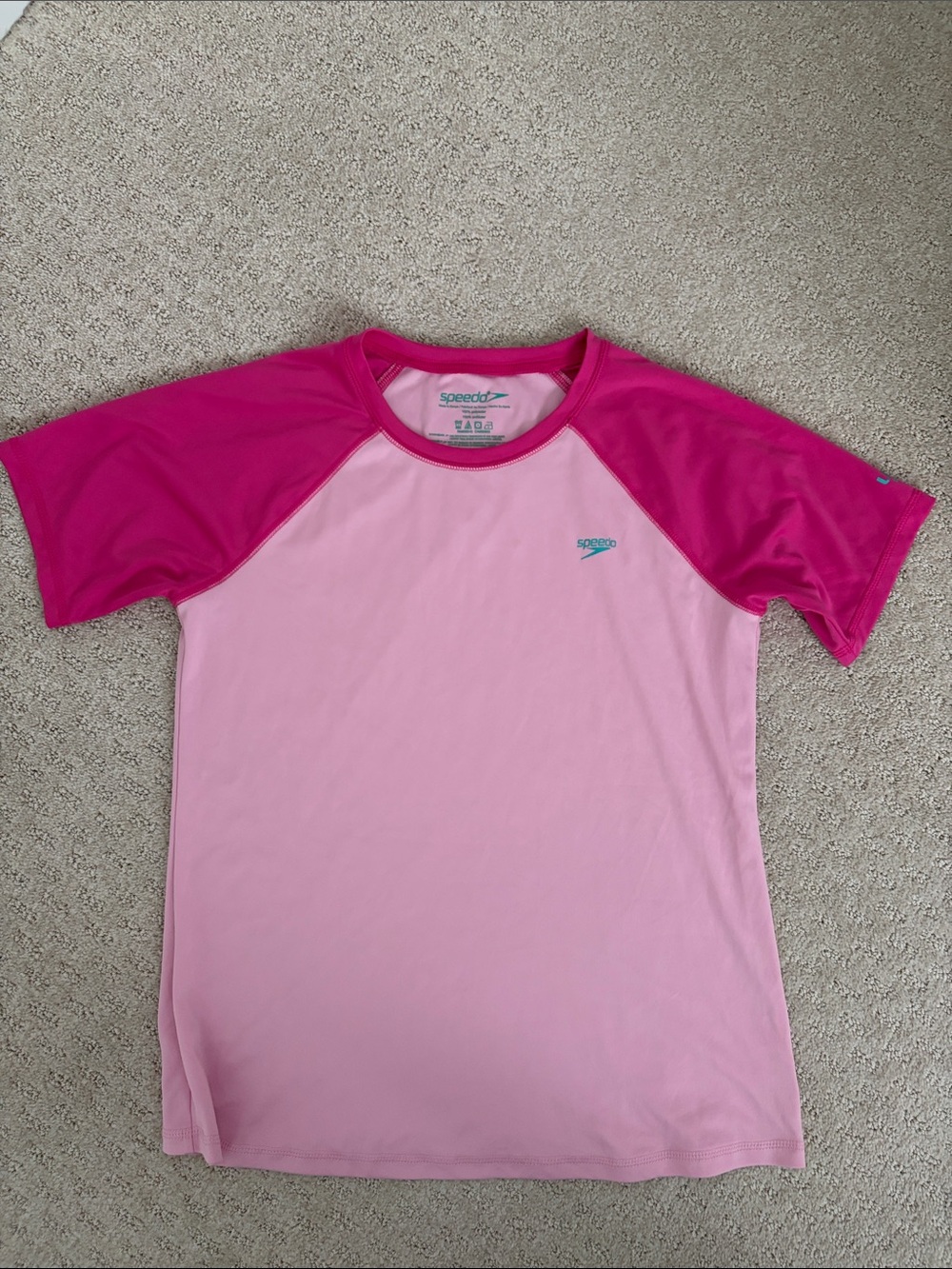 Speedo Women’s SPF 50 Light Pink Swim Tee with Hot Pink Raglan Sleeves